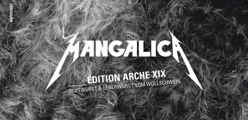 Schriftzug Mangalica im Design des Logos der Band Metallica mit schwarz weißem Fellhintergrund